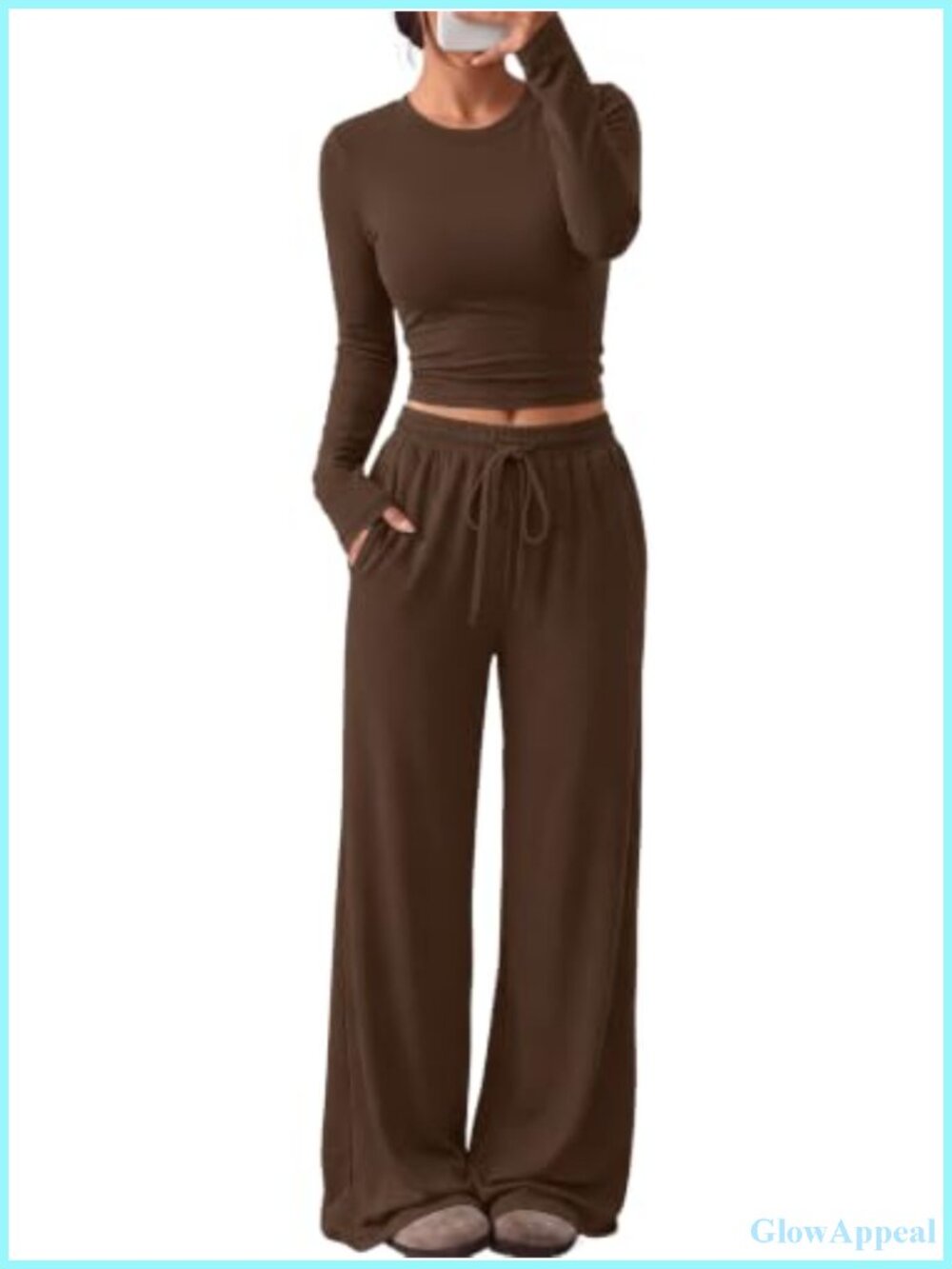 Women's 2 Piece Lounge Set Long Sleeve Crop Top & Wide Leg Pants with Pockets